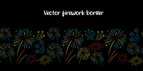 Fireworks with stars and sparks on black background. Festival colorful fireworks seamless border. Holiday banner, poster, flyer, greeting card.