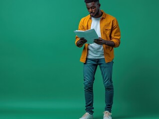 A man wearing a yellow shirt is attentively reading a document against a solid green background.