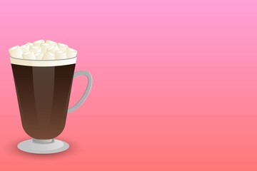 Glass of hot chocolate with marshmallows placed on the side on empty background.