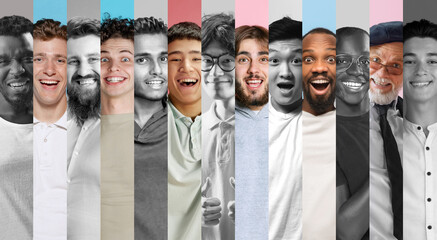 Men's portraits with contrasting colors and monochrome segments, creating depth and diversity. Concept of beauty and youth, difference, social, diversity, human emotions. Ad