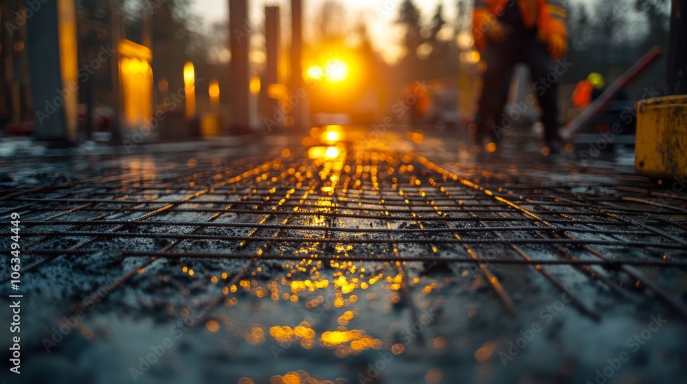 Poster As the sun sets, construction workers are busy laying concrete foundations, creating a dynamic atmosphere filled with activity and reflection.
