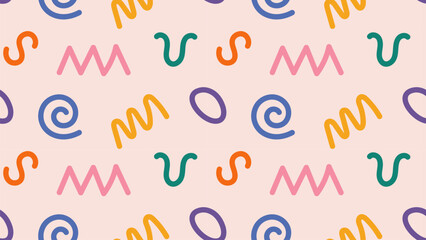 Simple childish doodle background. Abstract hand drawn line shapes seamless pattern. Fun colorful scribble backdrop