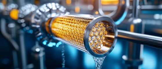 A close-up of a metallic filter with flowing liquid, showcasing industrial design and clarity in a dynamic, modern environment.