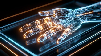 Naklejka premium Advanced holographic interface showing X-ray of robotic hand, vibrant neon highlights, metallic fingers and circuit details in sharp focus
