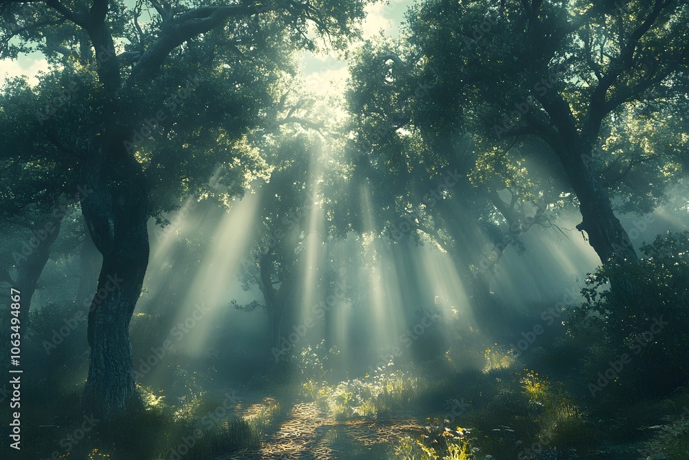 Poster a serene forest scene with sunlight filtering through trees, creating a tranquil atmosphere.