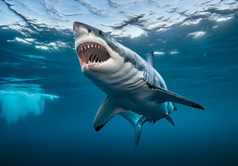 Fototapeta premium Ocean shark front-bottom view from below. Open toothy dangerous mouth with many teeth. Underwater blue sea waves