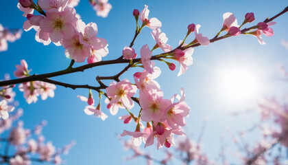 Obraz premium Sakura. Branches with pink flowers on a blue sky background for publications.