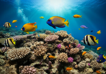 Tropical sea underwater fishes on coral reef. Aquarium oceanarium wildlife colorful marine panorama landscape nature snorkel diving, ocean background