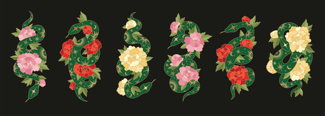 Set of Chinese New Year symbols. Green snakes with lunar patterns and peonies. Traditional Chinese lunar symbols with flowers. Isolated on black background.