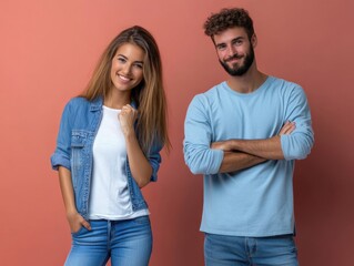 Fototapeta premium Two people wearing casual outfits smile against a solid peach background. They exude confidence and friendliness.