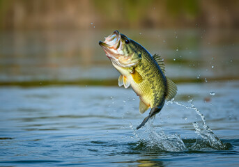 Large mouth bass jumping out of the water, fishing concept