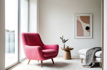 Minimalist, japandi interior design of modern stylish living room. Accent pink armchair against window.