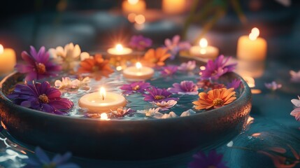 Tranquil Water Scene with Flowers and Candles