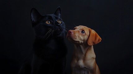 A Black Cat and Brown Puppy Looking Upwards