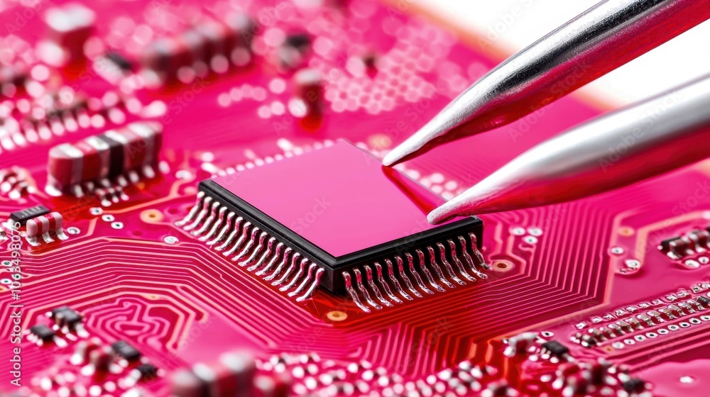 Poster close-up of a pink microchip being handled with precision tweezers on a circuit board, showcasing th
