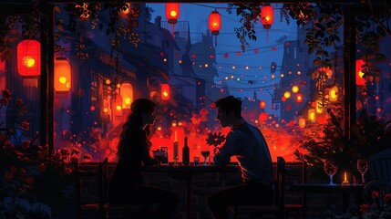 A couple sits at a candlelit table, sharing a romantic dinner. Soft music plays in the background, and the table is adorned with flowers and a bottle of wine, creating a perfect evening of love and co
