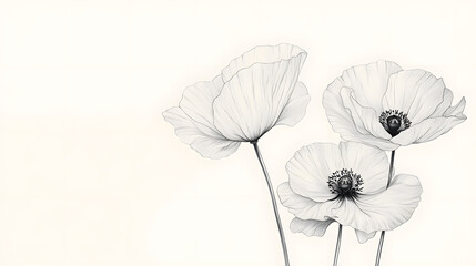 Three delicate white poppies are depicted in a detailed pencil drawing.