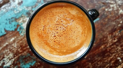 Top View of Coffee in Black Mug on Rustic Table