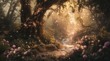A mystical fantasy woodland with overgrown vines, massive trees