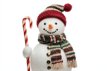 Festive snowman with a striped hat and scarf, holding a candy cane.
