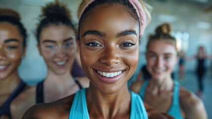 Fototapeta premium Four smiling women taking a selfie after a workout session, showcasing friendship and a healthy lifestyle in a bright, modern gym.