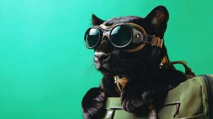 Panther Resting with Aviator Goggles on Green Background