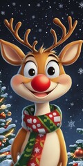 Naklejka premium Bright Festive Cartoon Reindeer Standing in Snow with Illuminated Christmas Tree : Generative AI