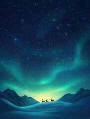 Serene winter landscape under starry night and aurora borealis, peaceful and magical.