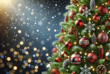 Christmas and New Year background. Decorated Christmas tree with shiny balls and garlands with bokeh texture. The atmosphere of celebration and magic