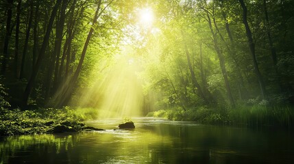 Obraz premium sunlight filters through the dense forest canopy, illuminating a pristine river, creating a serene and tranquil atmosphere filled with lush greenery and the sounds of nature