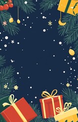 Fototapeta premium Christmas Gift Frame with Snowflakes Presents and Pine Branches on Dark Blue Background : Generative AI
