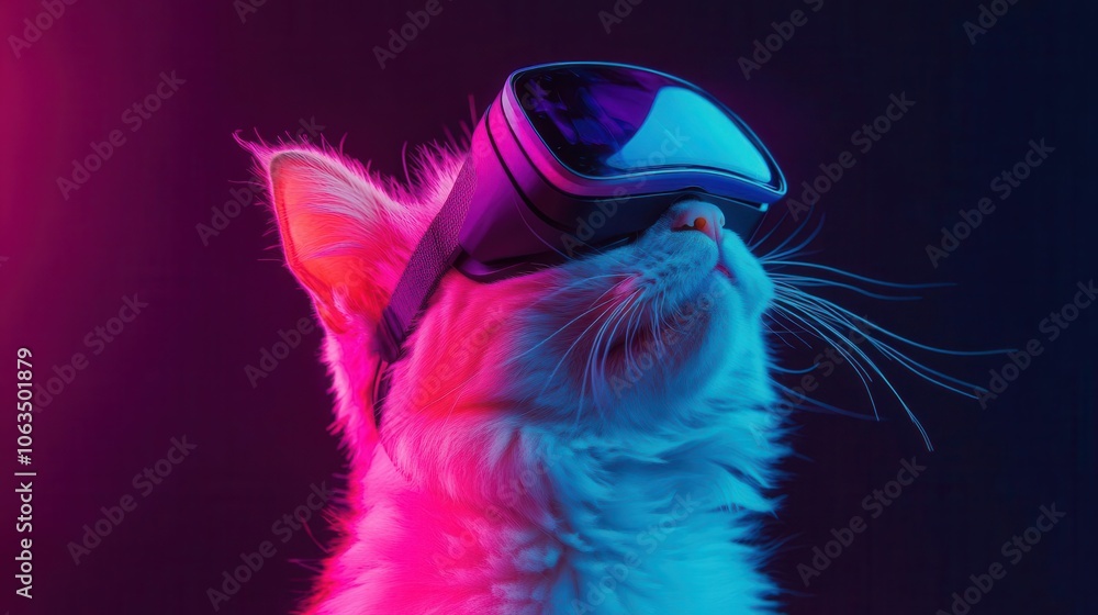 Poster surreal image of a white cat immersed in vibrant virtual realities while wearing a vr headset, strik