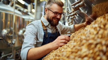 A master brewer inspects a large batch of barley seeds in a modern brewery. He is smiling and wearing a blue apron and glasses.