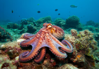 Doflane's octopus is a bright lilac color with tentacles and suckers on the background of the seabed. Marine life, exotic fish, subtropics, natural ocean background