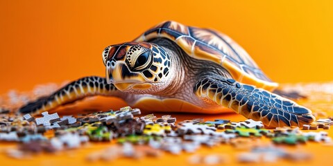 Fototapeta premium Turtle Among Colorful Puzzle Pieces