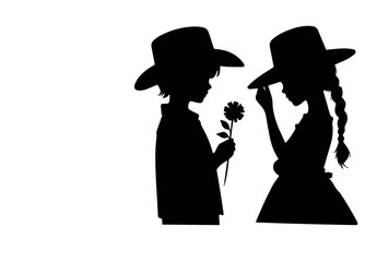 A vector silhouette of a boy and a girl with a hat and a girl with a hat