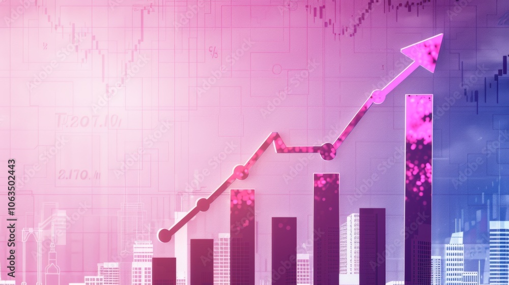 Poster dynamic financial growth with abstract pink arrows and graphs in urban setting