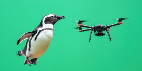 Penguin and Drone in Flight Over Green Background