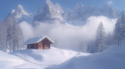 Fototapeta premium Winter Wonderland Cabin in Snowy Mountain Landscape