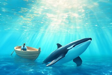 Obraz premium A giant killer whale swimming underwater next to a small rowboat with a man in it