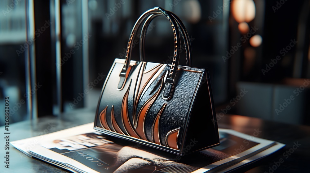 Poster a stylish handbag with intricate design displayed on a magazine in a modern setting.