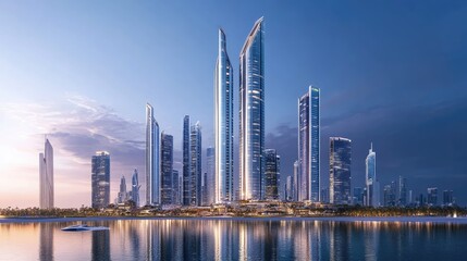 Fototapeta premium Modern City Skyline at Dusk with Reflections