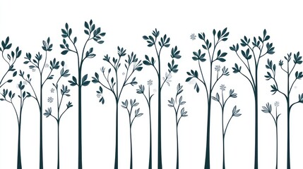 A seamless pattern of stylized trees in a forest, with blue foliage and white flowers, isolated on a white background.