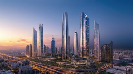 Obraz premium Stunning Skyline of Modern City at Sunset