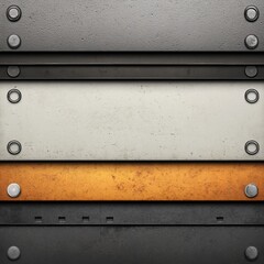 A textured graphic featuring layered metal plates in various colors.