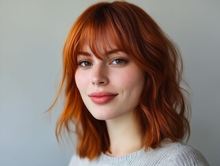 Fototapeta premium A woman with red hair and a gray sweater