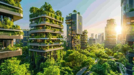 Obraz premium Urban Jungle with Green Architecture at Sunset