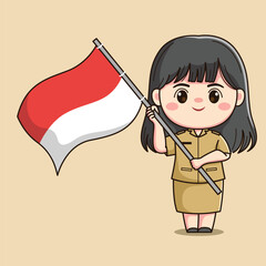cute female teacher character carrying the Indonesian flag