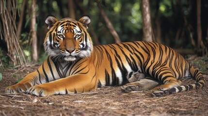 Obraz premium A majestic tiger lies in wait in a lush jungle setting, its powerful presence and striking stripes dominating the scene.