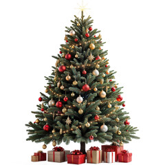 Festive Christmas tree decorated with ornaments and gifts